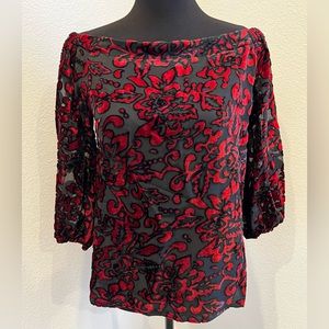 NWOT Red Black Velvet Off The Shoulder Top Size 0P (US Size 4 Petite)